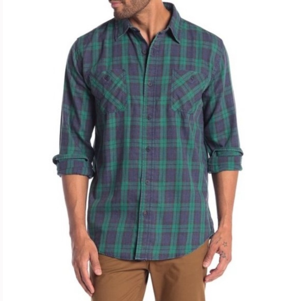 Weatherproof Vintage Blackwatch Plaid Print Burnout Flannel Shirt Size Large